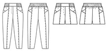 Load image into Gallery viewer, Line drawings of Palisade Pants and Shorts, front and back views
