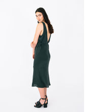Load image into Gallery viewer, Side view of lady wearing a sleeveless dress with deep V lower back neckline
