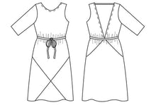 Load image into Gallery viewer, Line drawings of Ravine Dress front and back views, with sleeve option
