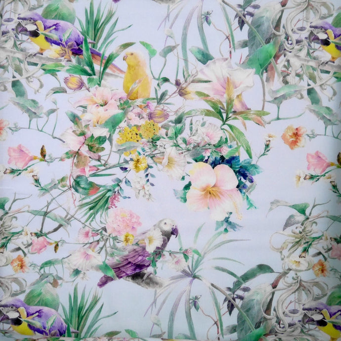 Viscose fabric with print of parrots florals, displayed flat