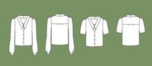 Load image into Gallery viewer, Patina Blouse Line Drawings, front and back views of short and long sleeve options
