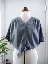 Load image into Gallery viewer, Gathered shoulder blouse on mannequin in Sandwashed Lyocell Fabric
