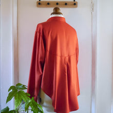 Load image into Gallery viewer, Back view, displayed on mannequin is a shirt with exaggerated low yoke, and low scoop hemline, made in Viscose Twill fabric
