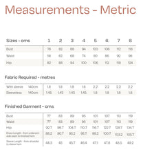 Load image into Gallery viewer, Measurements chart for sizes 1-8 for the Ravine Dress
