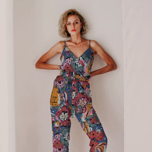 Load image into Gallery viewer, Model wears a strappy wrap-over bodice jumpsuit, digitally made up in the Find Your Tribe Organic Cotton Poplin Fabric
