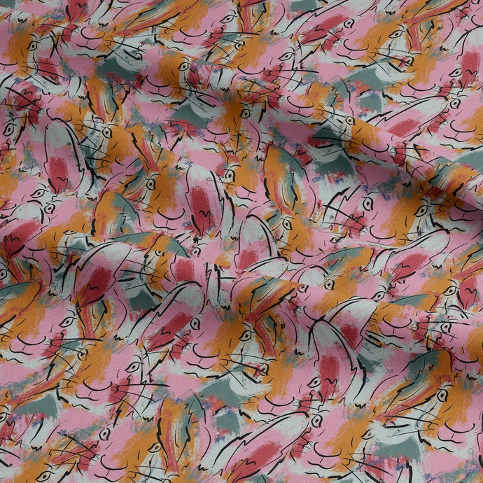 Unique EcoVero Viscose fabric shown with folds in soft drape, with large outlines of hares' heads amongst a backdrop of brushstrokes