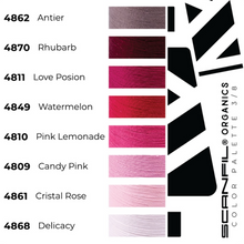 Load image into Gallery viewer, Colour palette of similar shades of organic cotton sewing thread, featuring brand label: Scanfil
