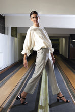 Load image into Gallery viewer, Lady wears a puffed sleeve blouse with tailored straight leg, trousers
