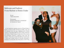 Load image into Gallery viewer, Double page magazine spread with textblock under main headline &quot;Ballroom and Fashion: From Harlem to Down Under&quot;
