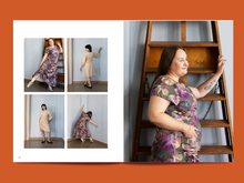 Load image into Gallery viewer, Two-page magazine spread features five images of models wearing a dress with gathering detail along right leg, with a pocket at the top
