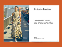 Load image into Gallery viewer, Two-page magazine spread features a full page image of a model wearing a sleeveless, full-length dress, adorned with multiple pockets, alongside a title page stating "Designing Freedom: On Pockets, Power and Women's Clothes".
