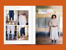 Load image into Gallery viewer, Magazine spread features a plethora of photos showing details of pockets and cuffs of a pair of culottes
