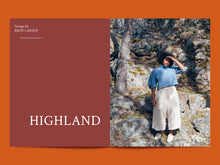 Load image into Gallery viewer, Magazine spread features the title &quot;Highland&quot; next to a photo of a lady wearing a top with elbow length puffy sleeves, and wide legged cropped trousers
