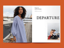 Load image into Gallery viewer, Magazine spread features lady wearing a long stripey sleeve with drop sleeves, puffy at cuff, alongside title: &quot;Departure&quot;.
