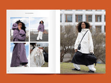 Load image into Gallery viewer, Magazine spread features multiple photos of lady wearing an anorak.
