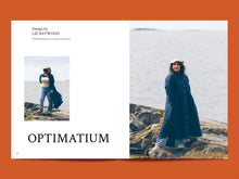Load image into Gallery viewer, Two page spread, text reads &quot;Optimatium, Design by Liz Haywood&quot; alongside picture of lady wearing check wool coat standing on rocks by the seal
