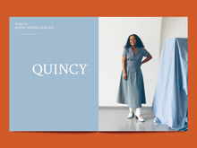 Load image into Gallery viewer, Two page spread. Text reads: &quot;Quincy, Design by Robyn Andrea Burgess&quot; alongside a lady wearing an open collared design flare skirt dress
