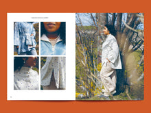 Load image into Gallery viewer, Two page spread features five images of a lady amongst trees, wearing a funnel collared top, images showing various details
