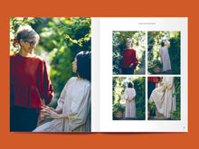 Load image into Gallery viewer, Two page spread features five photos of two ladies amongst a hedges wearing a blouse and a dress with gathered sleeves and gathered peplum and skirt details
