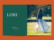 Load image into Gallery viewer, Two page spread features an image of the back of a lady walking, wearing a gathered sheer maxi skirt, besides text &quot;Lohi, design by Cindy Bithell&quot;
