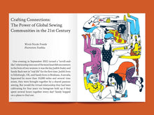 Load image into Gallery viewer, Two page spread features an abstract illustration of different people around each other, besides a page of text titled &quot;Grafting Connections: The Power of Global Sewing in the 21st Century&quot;.
