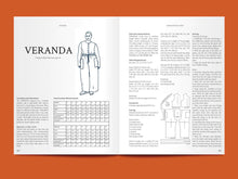 Load image into Gallery viewer, Two page spread features a line illustration of a sleeveless jumpsuit titled &quot;Veranda&quot;, amongst bodies of text of step-by-step sewing instructions
