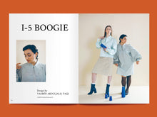 Load image into Gallery viewer, Two-page magazine spread, left side features title text &quot;1-5 BOOGIE&quot; alongside image of lady wearing a shirt with scalloped collar. Right side features two ladies wearing shirts with dramatic sleeves and scalloped collars
