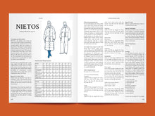 Load image into Gallery viewer, Two-page magazine spread of step-by-step text instructions for the Nietos coat construction. Accompanied with line drawings of the garment options.
