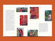Load image into Gallery viewer, Magazine layout with text and images of people and colourful fabric about traditional clothing and its craft
