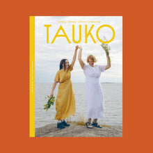 Load image into Gallery viewer, TAUKO magazine issue no19 cover, features photo of two models holding hands in the air, wearing short sleeved dresses with pleated seams at under bust
