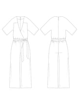 Load image into Gallery viewer, The Avid Seamstress Jumpsuit &amp; Dress Sewing Pattern Jumpsuit Line Drawing, front and back views
