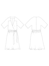 Load image into Gallery viewer, The Avid Seamstress Jumpsuit &amp; Dress Sewing Pattern Dress Line Drawings, front and back views
