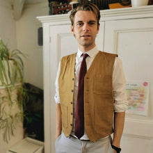 Load image into Gallery viewer, Man wears Pike Vest Top opened over a long sleeve shirt and tie
