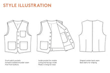 Load image into Gallery viewer, Line drawings of Pike Vest fastened, opened, and back views
