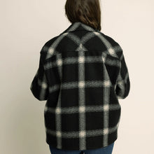 Load image into Gallery viewer, Back view of model wearing checkered fabric coat, shows deep yoke of coat jacket
