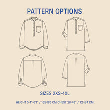 Load image into Gallery viewer, Wardrobe By Me Men&#39;s Tunic Sewing Pattern Line Drawings of front and back views of shirt with long and short sleeve options
