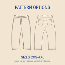 Load image into Gallery viewer, Wardrobe By Me Unisex Volume Pants Sewing Pattern Line Drawings, front and back views
