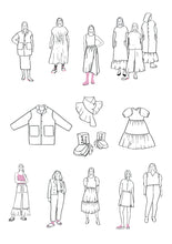 Load image into Gallery viewer, Sixteen line drawing illustrations of various garment pieces
