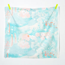 Load image into Gallery viewer, Square piece of Organic Cotton Double Gauze fabric with floral sky design hangs by tapes on top two corners
