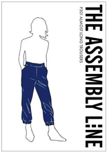 Load image into Gallery viewer, Front of packaging, line illustration of faceless model outline drawing with the &#39;Almost Long Trousers&#39; coloured in blue.
