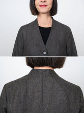 Load image into Gallery viewer, Close up details of collar front and back of V-Neck coat
