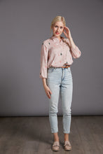 Load image into Gallery viewer, Full front view of lady wearing The Blouse, tucked into jeans.

