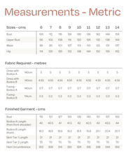 Load image into Gallery viewer, Metrics Measurements Chart for Celestia Dress for sizes 6-14

