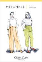 Load image into Gallery viewer, Closet Core Patterns Mitchell Trousers envelope front shows two illustrations of ladies wearing the wide-legged option, and the tapered option
