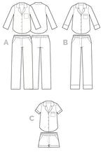 Load image into Gallery viewer, Technical Drawings for Carolyn Pajamas with long and short sleeve options, and full length trousers or shorts options
