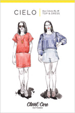 Load image into Gallery viewer, Illustrations of two ladies, one wearing a Cielo shift style dress, the other with a boxy Cielo Top with puff sleeves
