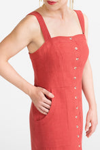 Load image into Gallery viewer, Close up of lady wearing Fiona Sundress bodice, straps, button front
