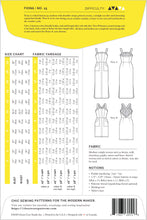 Load image into Gallery viewer, Back packaging of Fiona Sundress Sewing Pattern with measures chart
