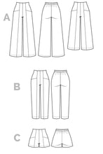 Load image into Gallery viewer, Tech drawings of Pietra Trousers and Shorts options
