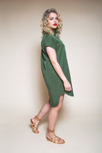 Load image into Gallery viewer, Side view of Kalle shirtdress with rounded hemline longer at the back
